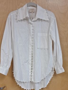 White Pearl-Trim Button-Down Blouse - Unbranded